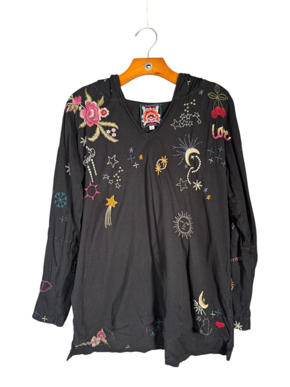 Johnny Was Cotton Celestial Embroidered Long Sleeve Hooded Tee Whimsigoth Cats L